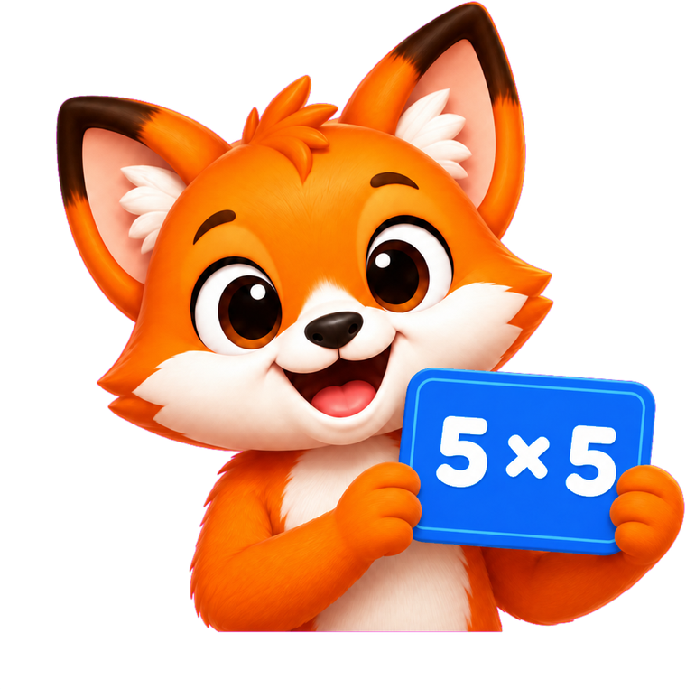 The fox, the app's mascot, holding a flash card